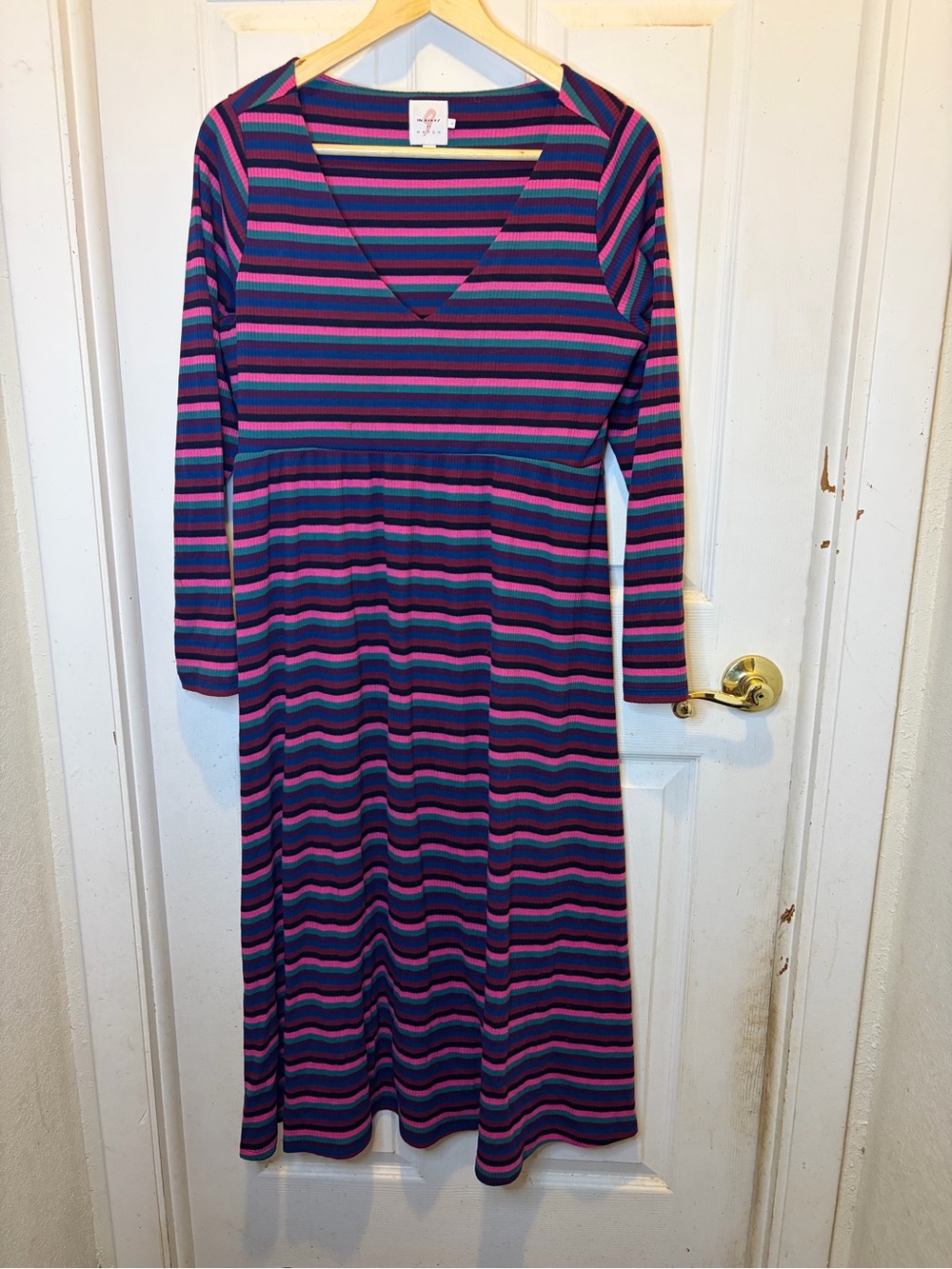 The Nines by HATCH Striped V-Neck Long Sleeve Dress in Navy, Pink & Teal